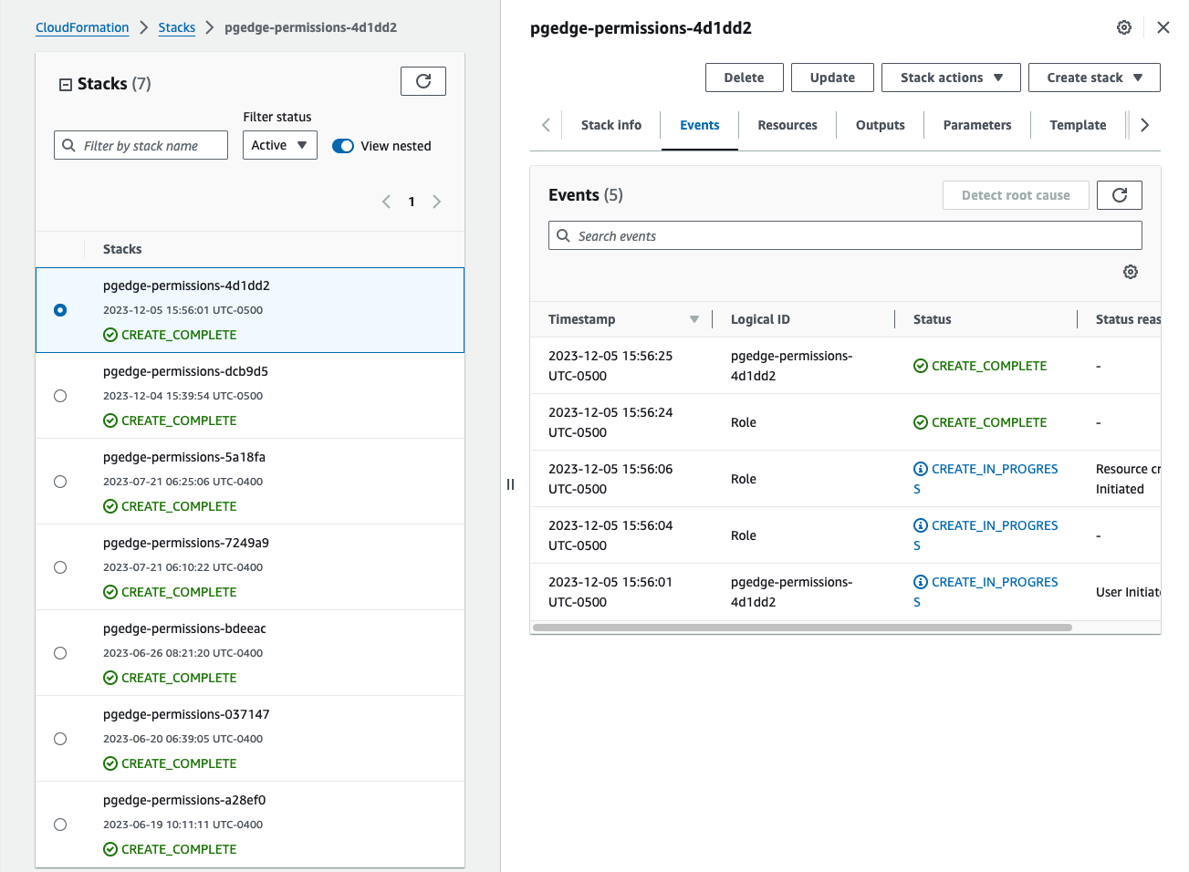 AWS CloudFormation Stacks page