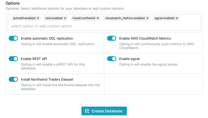 Selecting database options