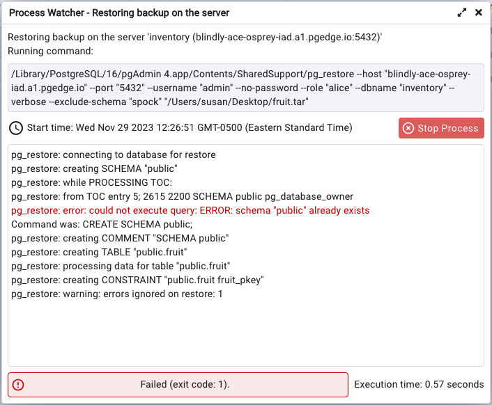 pgAdmin error from existing schema