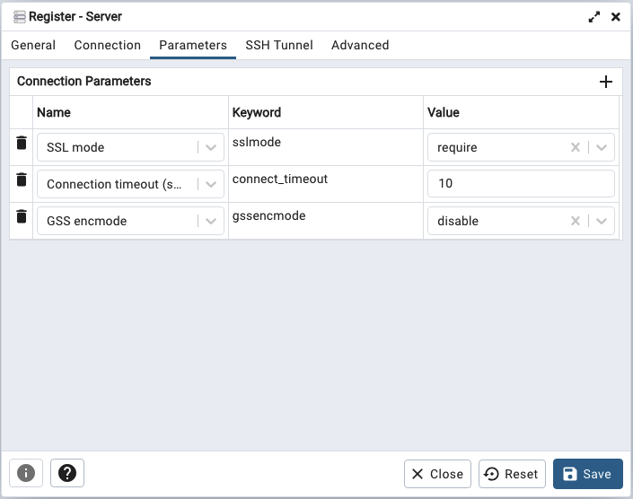 The pgAdmin Parameters tab